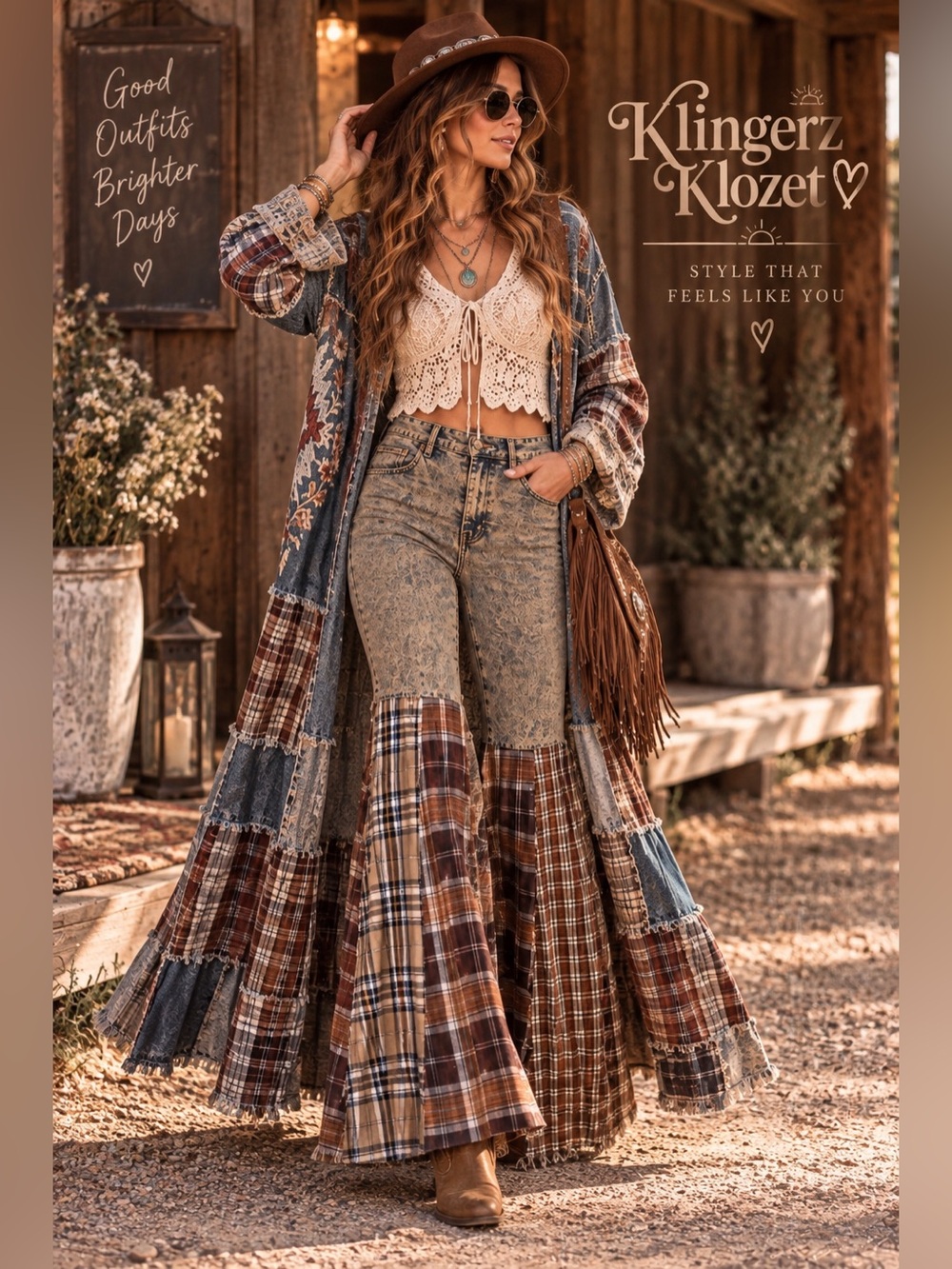 SHEIN ICON High Stretch Plaid Patchwork Bell Bottom Jeans Boho Western M